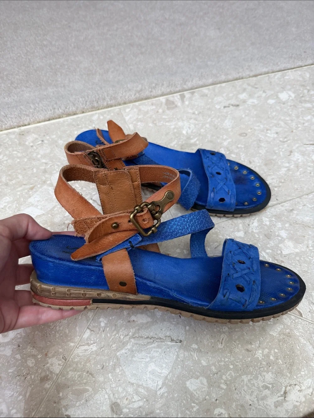 A.S.98 Blue Gladiator Strappy Ankle Buckle Zippered Wedge Sandals Studs Sz 40